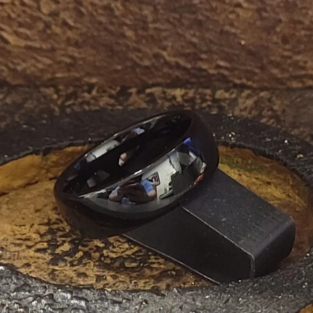 Engraved Mens Real Black Tungsten Wedding Band Dome Design Durable Black Coating